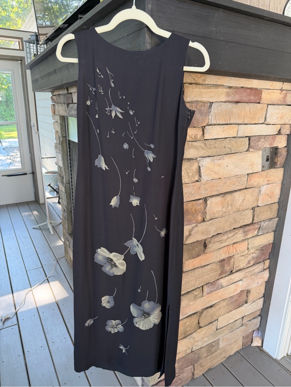 Vintage Petite Sophisticate 100% Silk Black Floral Maxi Dress Size 4